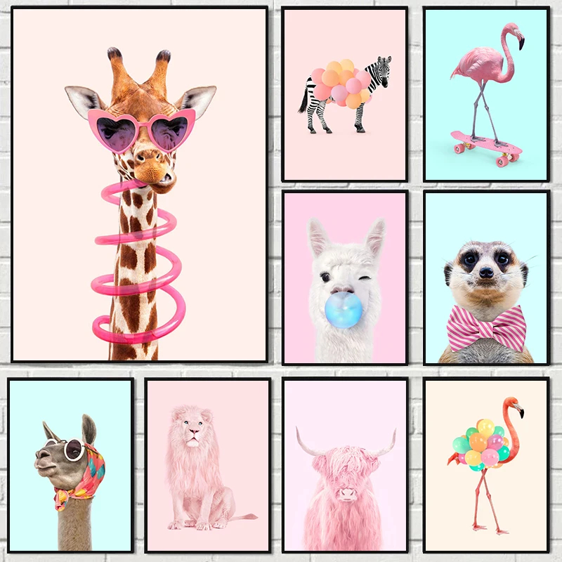 Art Craft Party - ภาพพิมพ์บนผ้าใบลายสัตว์ ยีราฟ ม้าลาย นกฟลามิงโก สำหรับตกแต่งห้องเด็ก งานปาร์ตี้