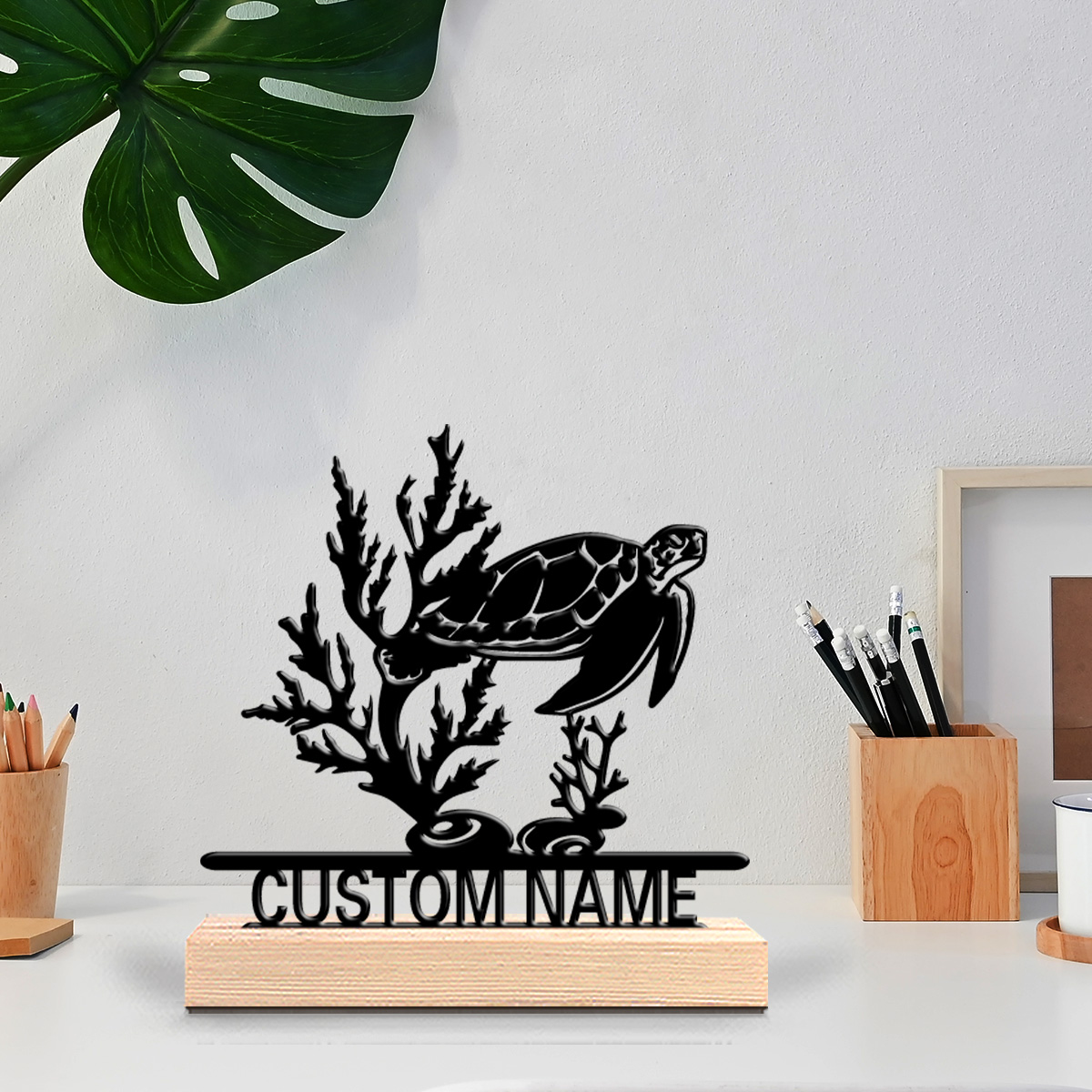 Art Craft Wood - รูปปั้นเต่าทะเลนามธรรม 1 ชิ้น งานศิลปะโลหะประดับตกแต่ง พร้อมฐานไม้ รูปปั้นเหล็กพร้อมฐานไม้
