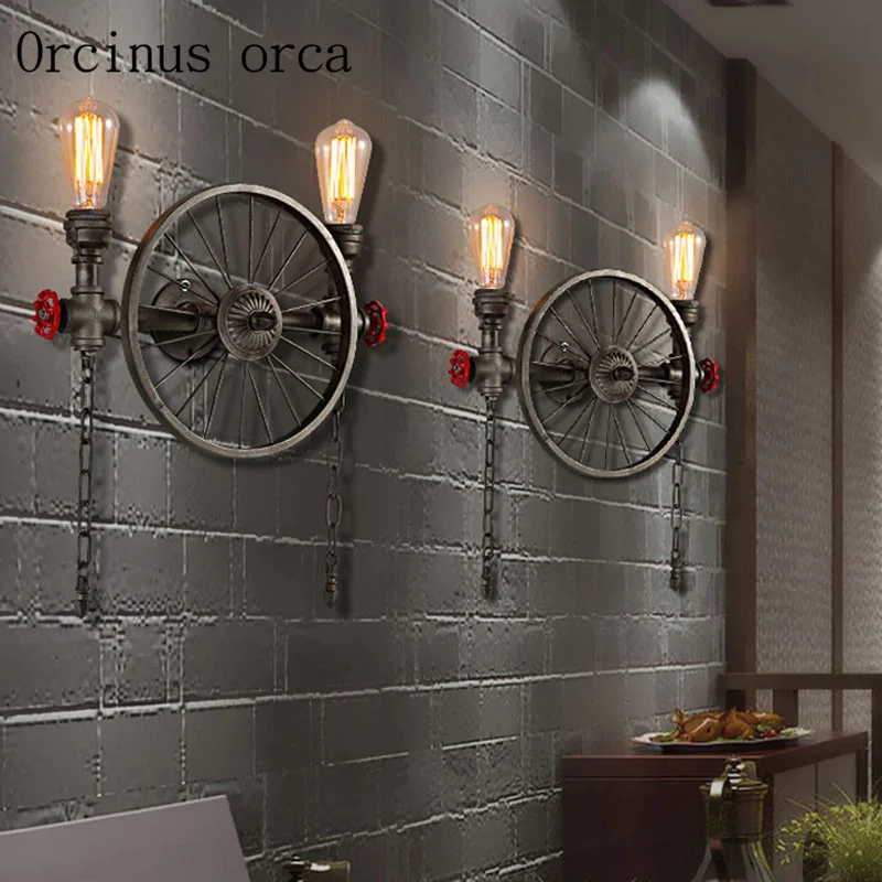 Art Craft Restaurant - โคมไฟติดผนังท่อน้ํา, ร้านอาหารสไตล์นอร์ดิกอเมริกัน, แพลตฟอร์ม, ล้อย้อนยุคส่วนบุคคล, ไฟงานฝีมือ, โคมไฟเครนเหล็ก