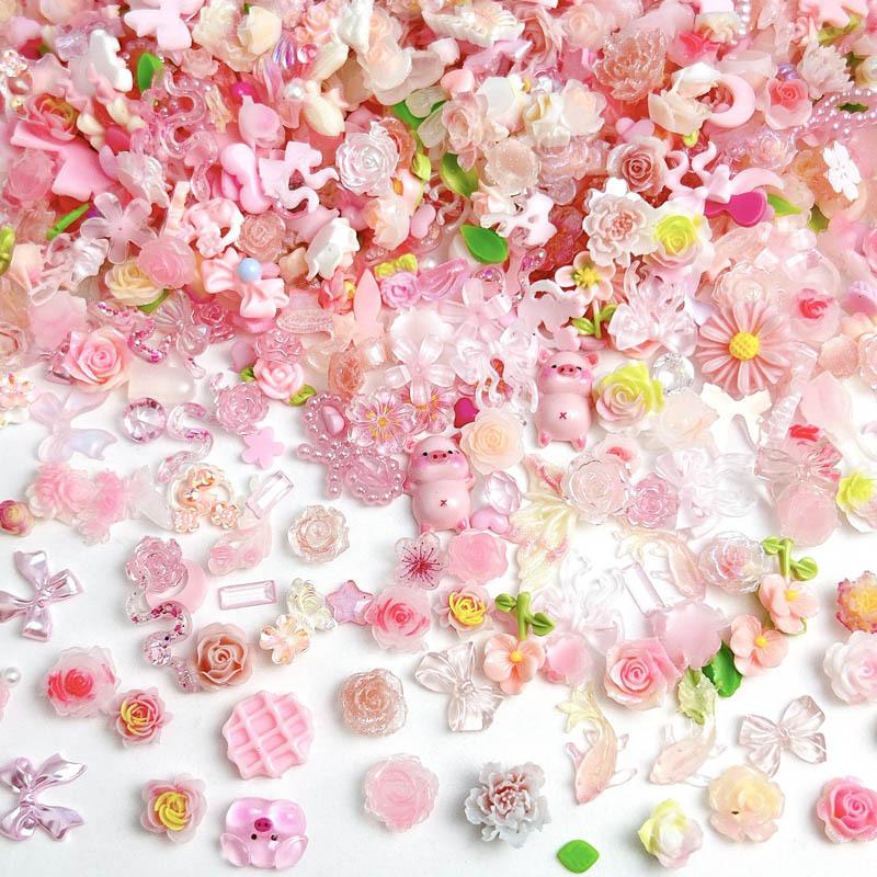 Art Craft Rose - สุ่มผสมสีชมพูหวานโบว์เล็บ Charms 3D เรซิ่นสีชมพู Rose ดอกไม้ตกแต่งเล็บอุปกรณ์เสริมสําหรับ