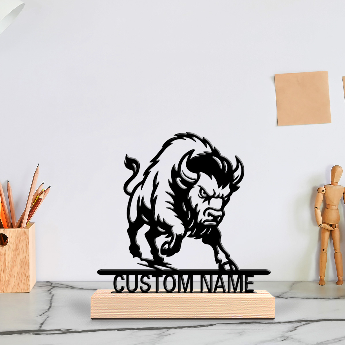 Art Craft Wood - รูปปั้นสิงโตโลหะแบบมินิมอล 1 ชิ้น ปรับแต่งข้อความได้ งานศิลปะหัตถกรรม พร้อมฐานไม้