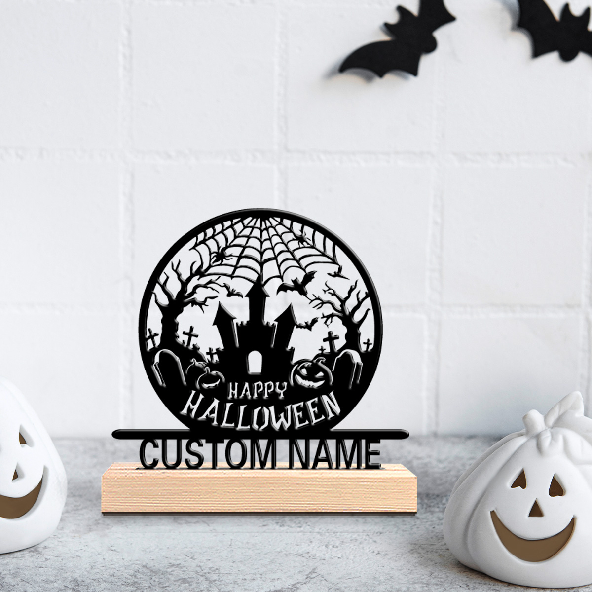 Art Craft Wood - งานศิลปะโลหะรูปปราสาทมืดฮาโลวีน 1 ชิ้น พร้อมฐานไม้ ตกแต่งด้วยข้อความส่วนตัว เหมาะสำหรับวางบนโต๊ะในบ้าน
